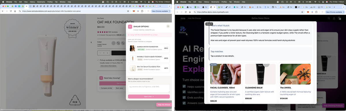 Refina running on IANS Natural Store showing expert product recommendations
