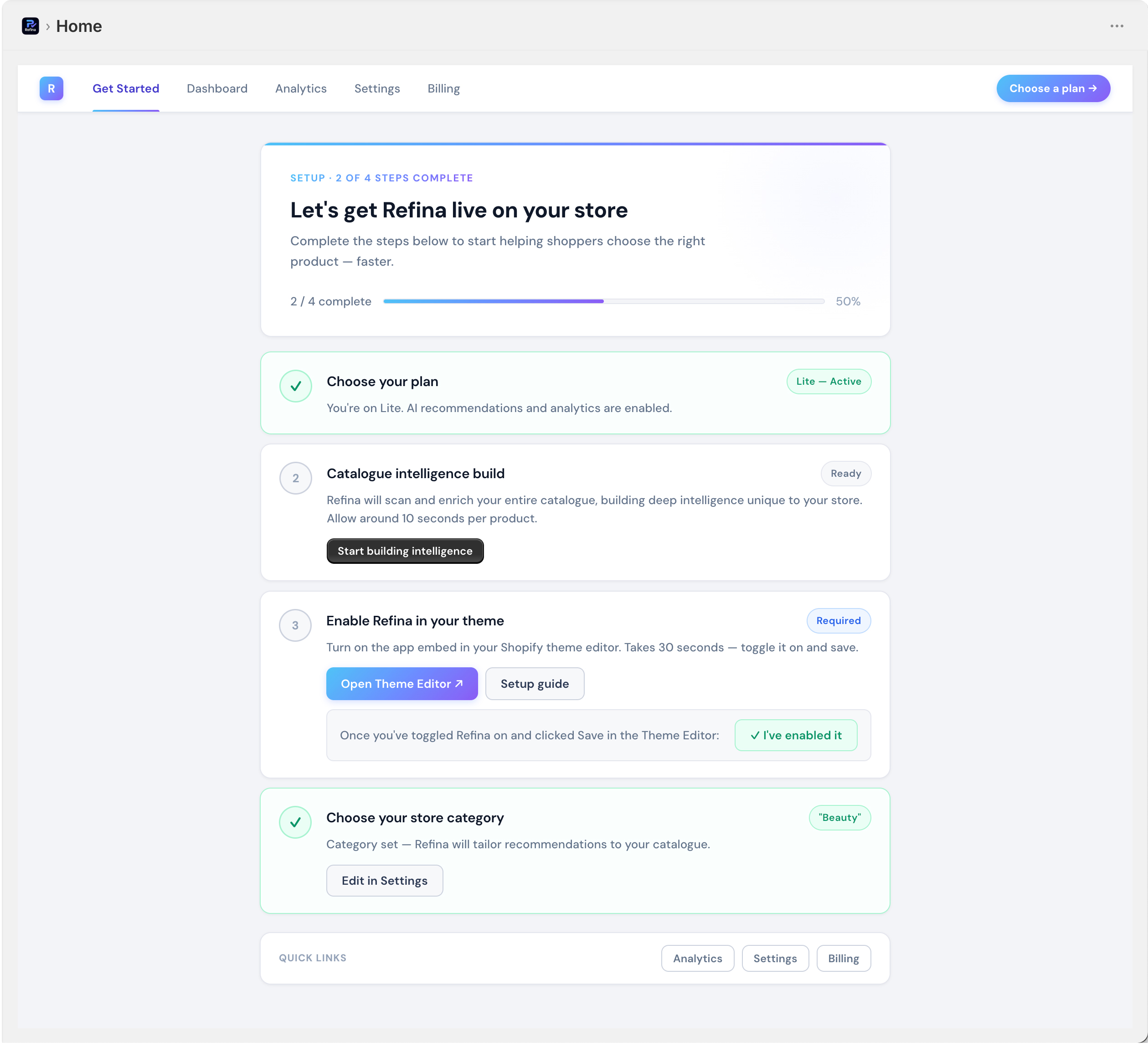 Get Started page with the Start building intelligence button active after a plan is chosen